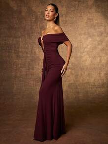 Hauture Sexy Off Shoulder Maxi Cocktail Dress – Front Gold Ornament For Night Out, Party & Holiday - Burgundy - View 2