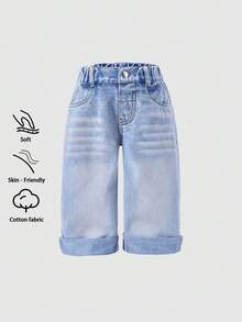 女宝宝浅蓝色阔腿牛仔裤，清新可爱浅蓝色 - 淺色水洗藍 - 查看 1