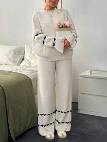 SHEIN Women Sweater With Heart And Pant 2 Pieces - Beige - View 4
