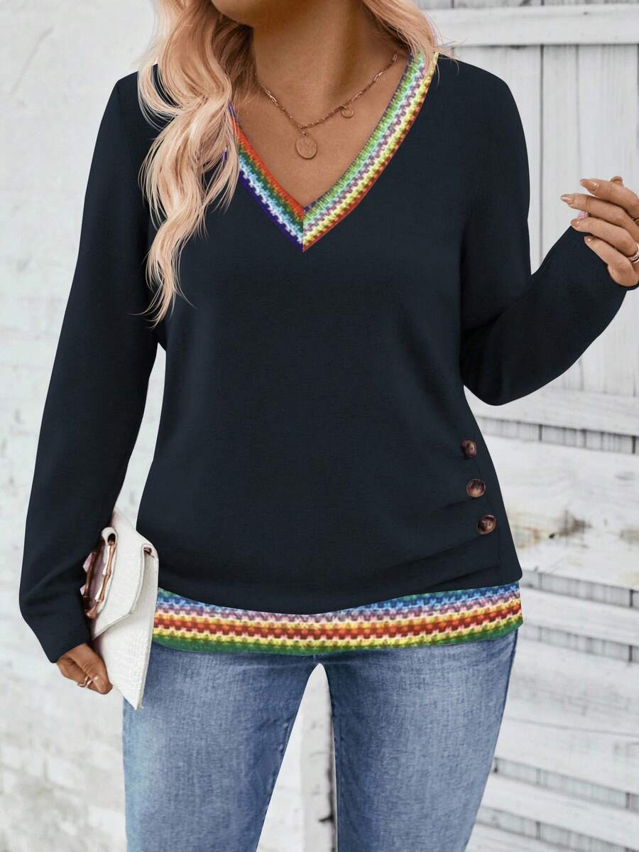 EMERY ROSE Camiseta de manga larga con cuello en V, estampado de rayas de colores y parches, talla grande para mujer, nueva llegada para otoño/invierno - Azul Marino - Ver 1