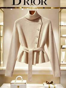 Franclia Nuevo suéter de punto de manga larga con cuello alto y cintura ceñida, estilo vintage, de alta gama para otoño/invierno para mujeres - Marrón - Ver 1