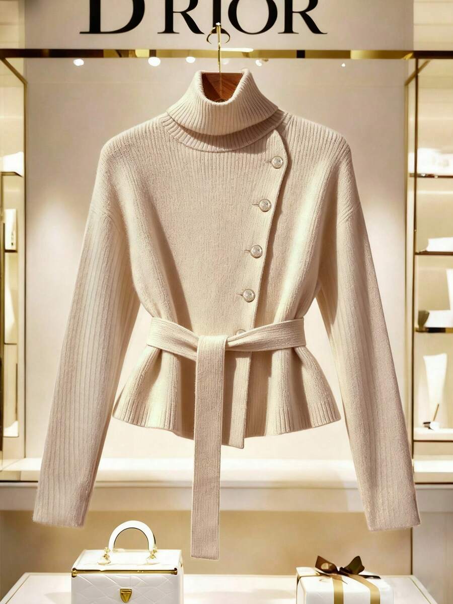 Franclia Nuevo suéter de punto de manga larga con cuello alto y cintura ceñida, estilo vintage, de alta gama para otoño/invierno para mujeres - Marrón - Ver 1