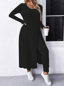 SHEIN LUNE Conjunto de 2 piezas de top de manga larga acanalado y pantalones para mujer de talla grande