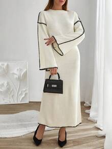 EURMUSE Flared Sleeve Contrast Binding Maxi Dress,Winter Dresses For Women,Petite - White - View 2