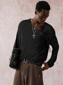 STYNVO Men's Loose Fit Eyelet Lace-Up Design Long Sleeve Sweater, Autumn, Fall - Black - View 1