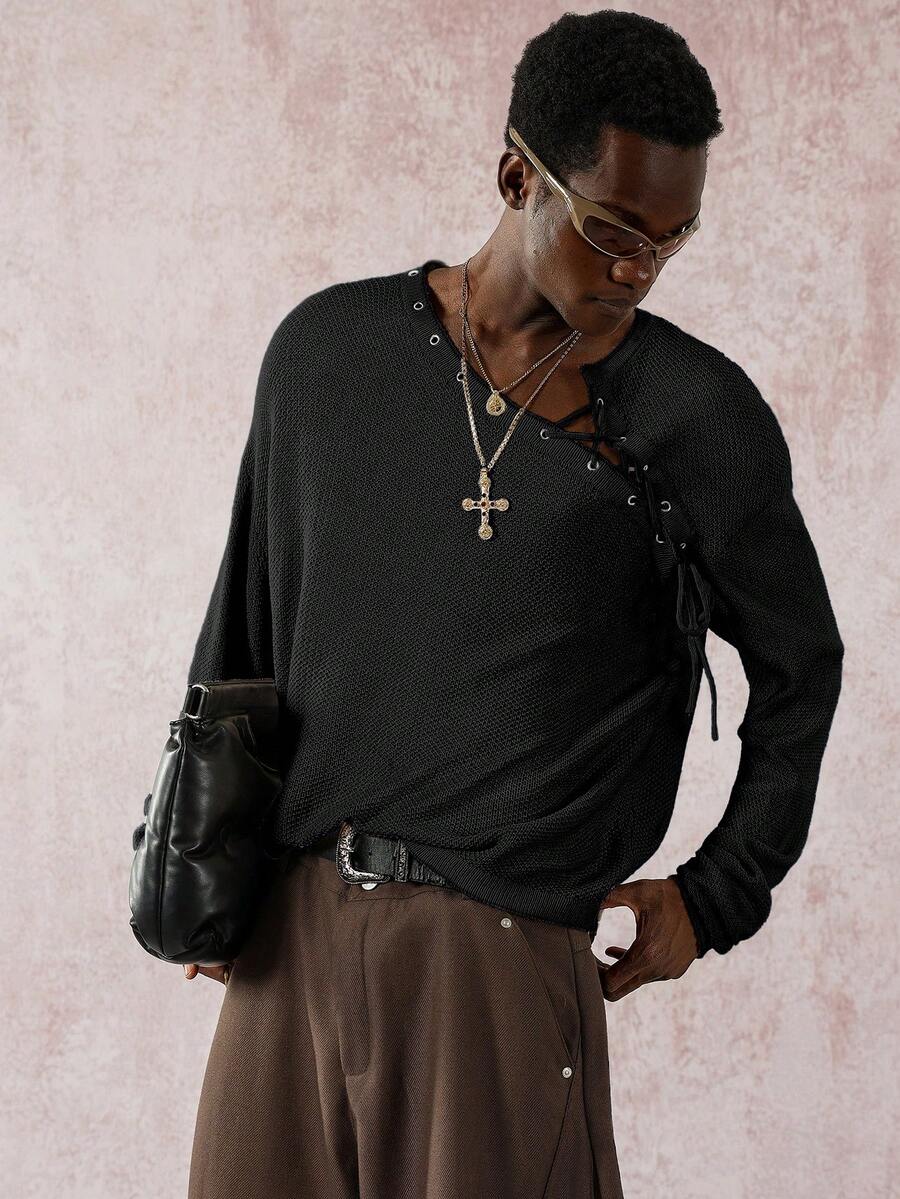 STYNVO Men's Loose Fit Eyelet Lace-Up Design Long Sleeve Sweater, Autumn, Fall - Black - View 1