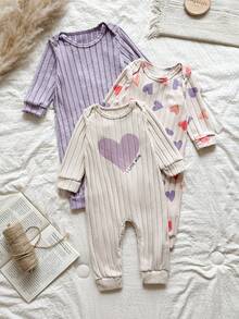SHEIN 3pcs Baby Girls Autumn Jumpsuits, Envelope Collar Long Sleeve, Ribbed Fabric, Heart Print, Solid Color, Cute & Versatile Baby Girl Jumpsuits - Multicolor - View 4