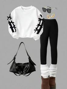 Set de 2 piezas de suéter de cuello redondo de manga larga con lazo 3D minimalista tejido y pantalones negros para niñas jóvenes, look casual, lindo y deportivo para otoño - Multicolor - Ver 3
