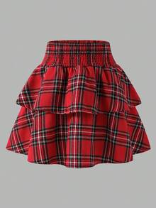 Sparklyn Tween Girl Round Neck Puff Sleeve Beaded T-Shirt & Plaid High Waist Mini Skirt, Casual Chic Christmas Outfit. Christmas Set.Autumn/Winter.  Princess Halloween/Christmas Party  Dresses - Multicolor - View 4