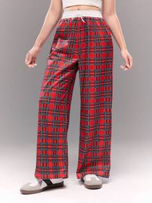 3pcs Teen Girls' Casual Fashion Knitted Digital Print Plaid Patchwork Solid Color Waistband With Drawstring Sweatpants Set - Multicolor - View 6