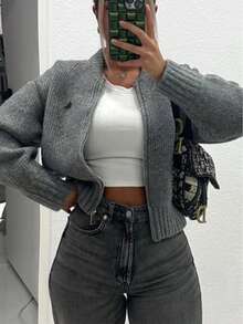 INAWLY Áo khoác cardigan ngắn có khóa kéo thường ngày dành cho nữ - Xám - Xem 6