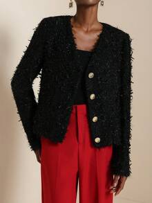 Lyxana Women's Elegant Solid Color V-Neck Metal Buckle Decorated Jacket - Black - View 4