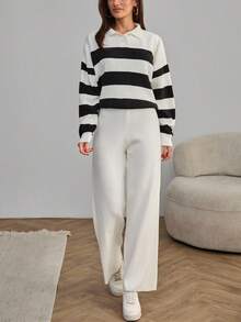 EURMUSE 条纹花卉印花翻领休闲女式上衣和阔腿毛衣裤，2 件针织装适合休闲风格 - 黑與白 - 查看 8