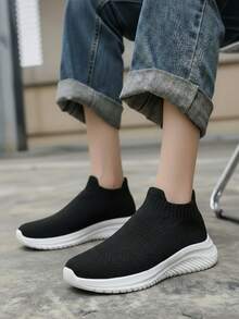 Tenis tipo calcetín para mujer estilo urbano minimalista empeine tejido corte holgado caña alta sin mangas primavera verano casual deportivo - Negro - Ver 3