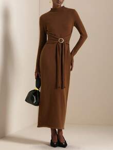 Lyxana Women's Solid Color Ribbed Stand Collar Long Sleeve Metal Ring Decor Sweater Dress - Coffee Brown - View 5