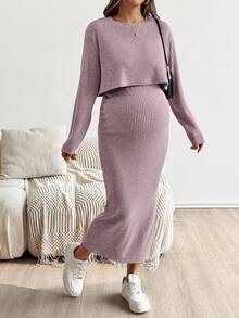SHEIN Maternity Solid Color Round Neck Short Sleeve Top And Skirt 2 Pieces Set Knit Two Piece Set Modest Two Piece Set Lavender Two Piece Set Two Piece Set Women Comfortable Two Piece Set - Mauve Purple - View 4