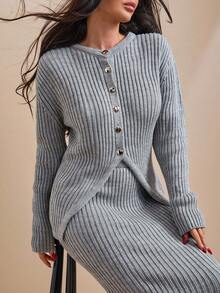 EURMUSE Conjunto de cardigan y falda de punto con botones frontales, de unicolor para mujer - Gris - Ver 3