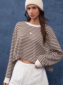 WESTFADE Contrast Crewneck Exposed Seam Long Sleeve Cropped & Boxy Striped Waffle Knit T-Shirt Casual Cute Fall Top, Autumn, Winter, Boho, Nashville Cowgirl - Multicolor - View 3