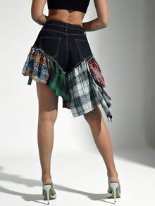 Denimoi Quần short denim tua rua kẻ caro pha trộn axit wash phong cách đường phố mùa hè mặc hàng ngày - Rửa tối - Xem 2