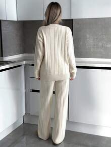 EURMUSE Two Pieces Knitwear Cardigan With Pocket And Pant Fall Winter Set - Apricot - View 7