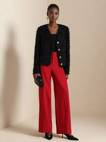 Lyxana Women's Elegant Solid Color V-Neck Metal Buckle Decorated Jacket - Black - View 1