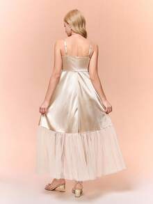 Teenage Girls' Apricot Satin & Mesh Long Sleeve Bow Dress, Casual Elegant Waist Cinched Dress For Autumn/Winter Ball - Apricot - View 2