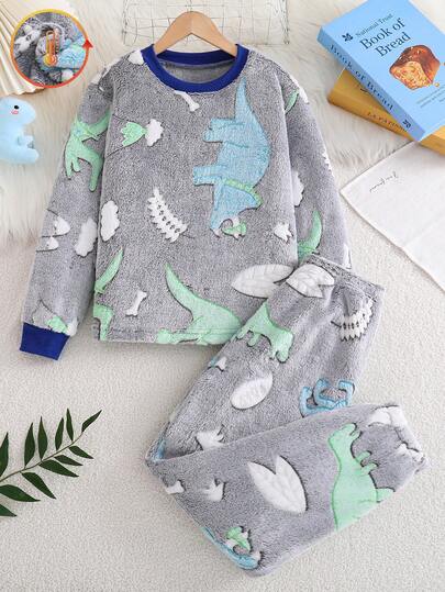 Conjunto de pijama casual e confortável para meninos, 2 peças, com estampa de estrelas que brilham no escuro, de lã, com blocos de cores, canelado, com sensação de céu estrelado e manga comprida