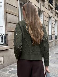 Chiquease French Style New Rhombus Studded Loose Pullover Sweater, Autumn/Winter - Army Green - View 2