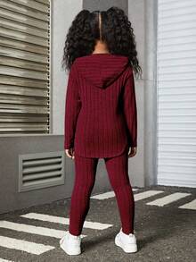 标语贴片落肩连帽T恤和紧身裤 - 酒紅色 - 查看 2