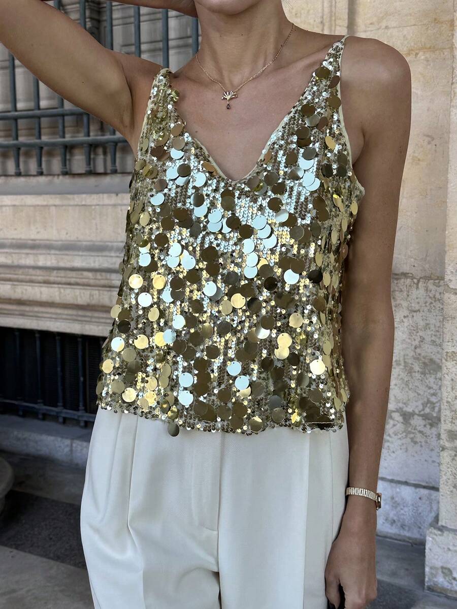 Pariaura 女士简约优雅亮片吊带背心，适合派对、秋冬、圣诞节、新年等场合，金色上衣，时尚简约休闲派对装扮 - 金色 - 查看 1