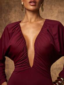 Hauture Sexy Deep V Neck Plum Knit Maxi Dress – Night Out & Party Dress For Going Out & Holiday - Red - View 3