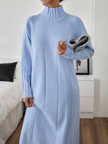 Casual Mock Turtle Neck Loose Oversize Fit Drop Shoulder Maxi Solid Color Knit Dress For Winter Women Outfits
