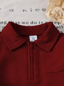 SHEIN Baby Boy/Girl Casual Outfit, Featuring Warm Color Palette And Minimalist Elegant Style. Comfortable And Suitable For Slightly Cool Seasons. Solid Color Half-Zip Collared Long Sleeve Top, Easy Pull-On Design; Paired With Solid Color Waistband-Free Pants. Suitable For Strolling, Leisure, Light Exercise, Or Cozy Family Gatherings, Allowing Your Little One To Shine With Childlike Charm And Vitality. - Burgundy - View 5