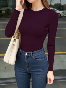 INAWLY 女式修身长袖圆领 T 恤，深紫色 - 中紫紅色 - 查看 1