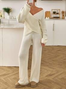 EURMUSE Women Asymmetrical V-Neck Pullover & Sweater Pants Set - Cream - View 3