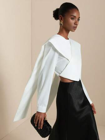 SHEIN Veneréa Enfärgad korsad omlottskjorta med slits framtill, elegant mode, långärmad