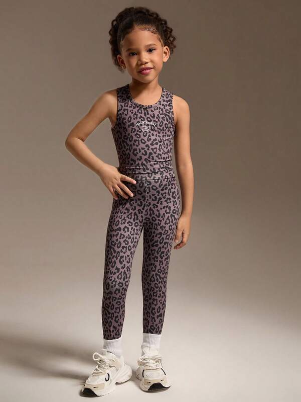 SHEIN Young Girls 2pcs Set: Leopard Print Contrast Letter Graphic Vest Top + Allover Print Elastic Waist Sports Leggings, Stretchy Soft Comfortable For Running, Cycling, Workout, Casual Wear