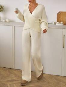 EURMUSE Women Asymmetrical V-Neck Pullover & Sweater Pants Set - Cream - View 5