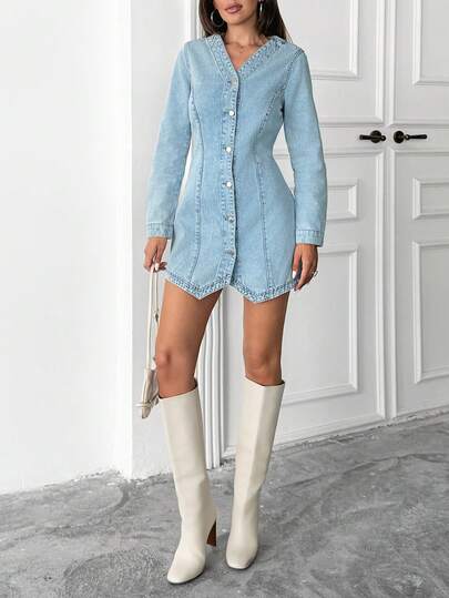 EURMUSE Button Front Hem Designd Denim Dress Light Blue Denim Dress Long Sleeve Denim Dress Jeans Dress For Women Button Up Dress