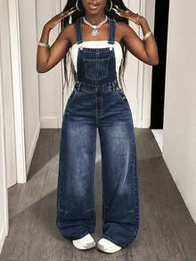 Slaydiva Women's Casual Washed Loose Denim Bib Pants - Dark Wash - View 4