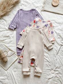 SHEIN 3pcs Baby Girls Autumn Jumpsuits, Envelope Collar Long Sleeve, Ribbed Fabric, Heart Print, Solid Color, Cute & Versatile Baby Girl Jumpsuits - Multicolor - View 2