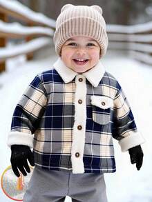 SHEIN Baby Boy/Girl Retro British Style Blue & White Plaid Fleece Patchwork Jacket, Fashion Casual Autumn/Winter Fall - Blue and White - View 6