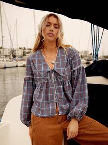 WESTFADE Áo babydoll dài tay bồng cổ chữ V kẻ caro pha cotton pha trộn, dáng rộng, xếp nếp nhiều tầng, thời trang thu đông, phong cách miền Tây, dễ thương, phong cách Boho, đồng quê, hòa nhạc - Màu xanh lam - Xem 5