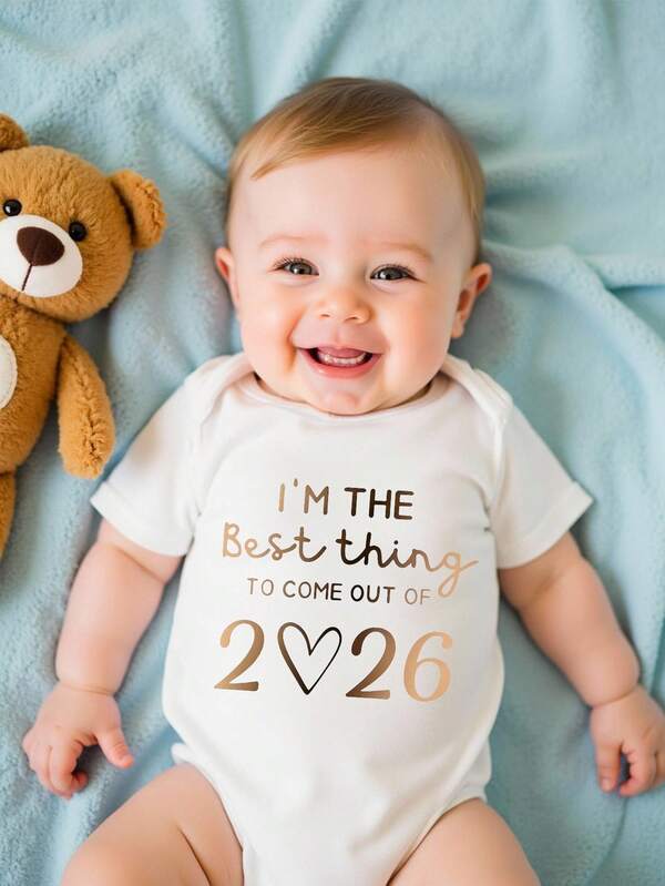 SHEIN Unisex Infant Toddler 0-3Y Casual 2026 Slogan Knit Short Sleeve Romper, Suitable For All Seasons, Daily Wear, Layering, Fits 3-24 Months Baby Boys, Baby Clothing Neutral Baby Clothes Unisex 2026 Baby New Year Clothes 2026 Baby Clothes