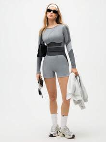 Eassivo Damen Kontrast-Farben Rundhals Langarm T-Shirt und Leggings Lässig Sportanzug