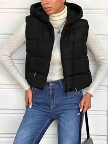 EURMUSE Zip Up Drawstring Hooded Vest Puffer Coat - Black - View 5
