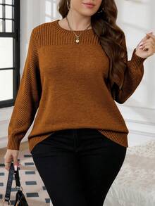 SHEIN LUNE Plus Size Solid Color Crew Neck Sweater, Casual For Autumn/Winter - Rust Brown - View 1