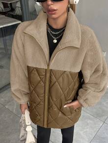 RueChic 女士夹棉大衣，采用泰迪熊面料拼接，钻石形针脚线 - 棕色 - 查看 6