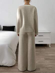 EURMUSE Completo da donna in 2 pezzi con cardigan in maglia morbida al tatto con collo polo e pantaloni coordinati, set lounge comodo e casual, beige avena, taglie petite, abbigliamento invernale - Beige - Visualizzare 6