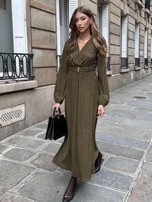 SHEIN PariChic Váy mùa đông sọc xanh ô liu Qianqian Leaf - xanh quân đội - Xem 1